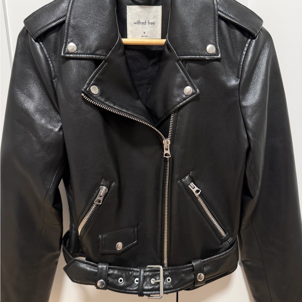 Aritzia Wilfred Free UnReal Faux Black Leather Jacket with belt - Picture 2 of 4